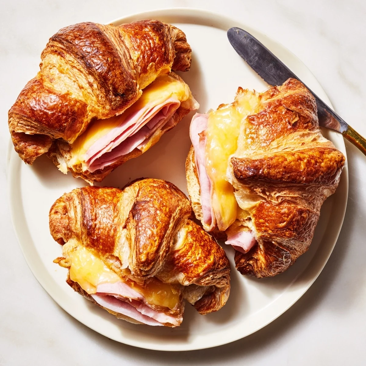 Four serving sizes of Ham and Cheese Croissant baked until crispy, paired with a fresh green salad.