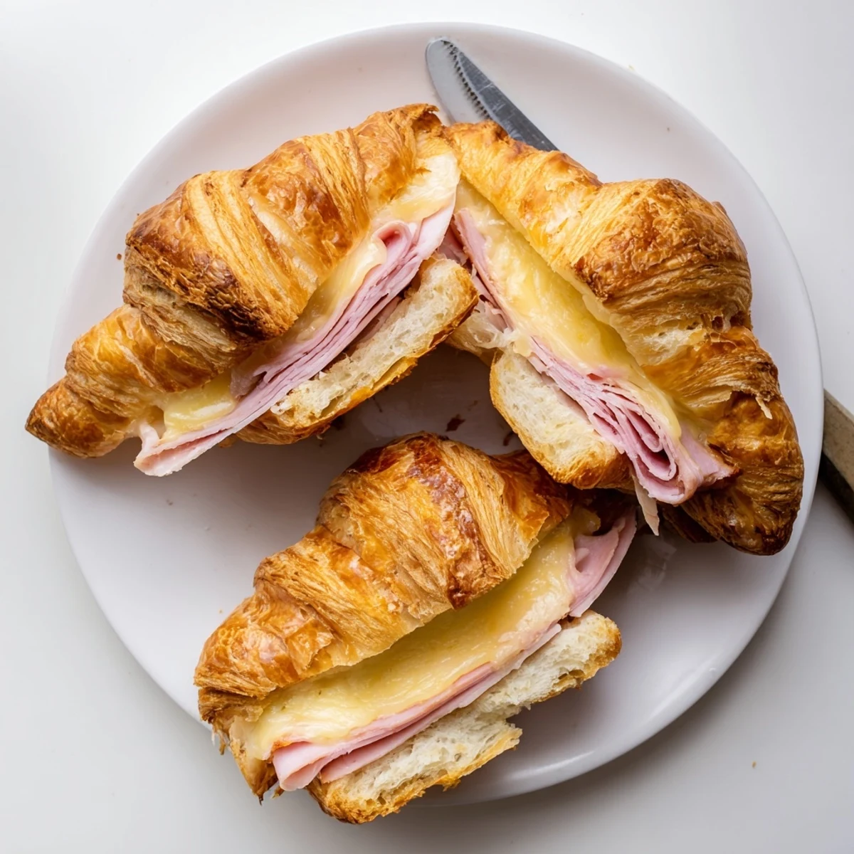 Close-up of Ham and Cheese Croissant showing layers of buttery pastry, savory ham, and rich Swiss cheese.