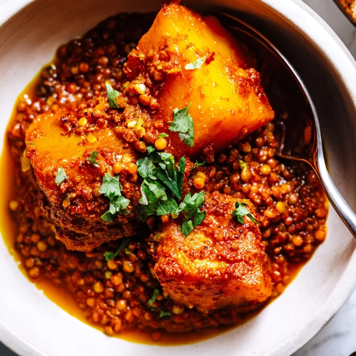 Creamy orange pumpkin and lentil Rogan Josh curry garnished with fresh cilantro and lemon wedges.