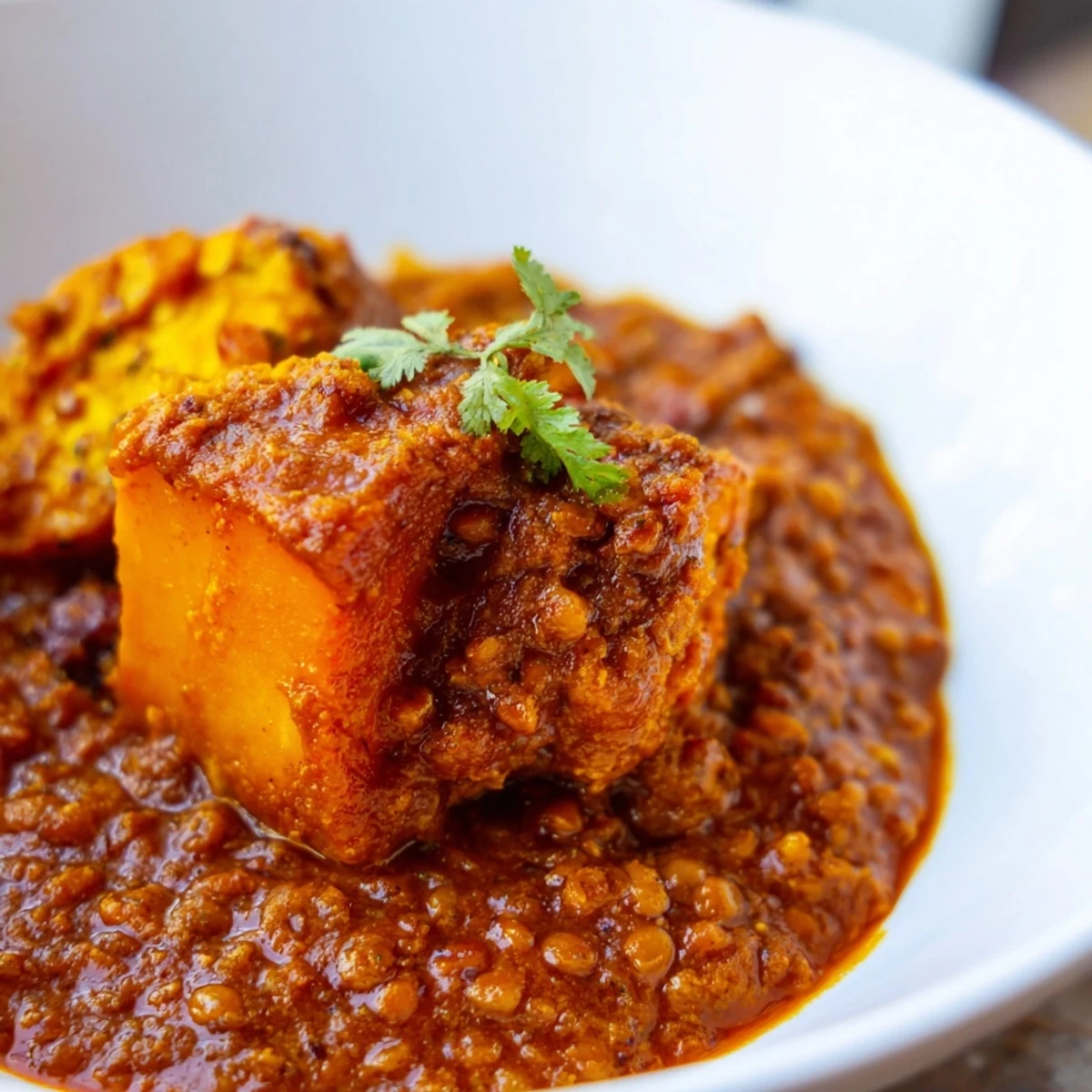 Richly spiced pumpkin and lentil Rogan Josh curry served in a rustic bowl, steam rising gently.
