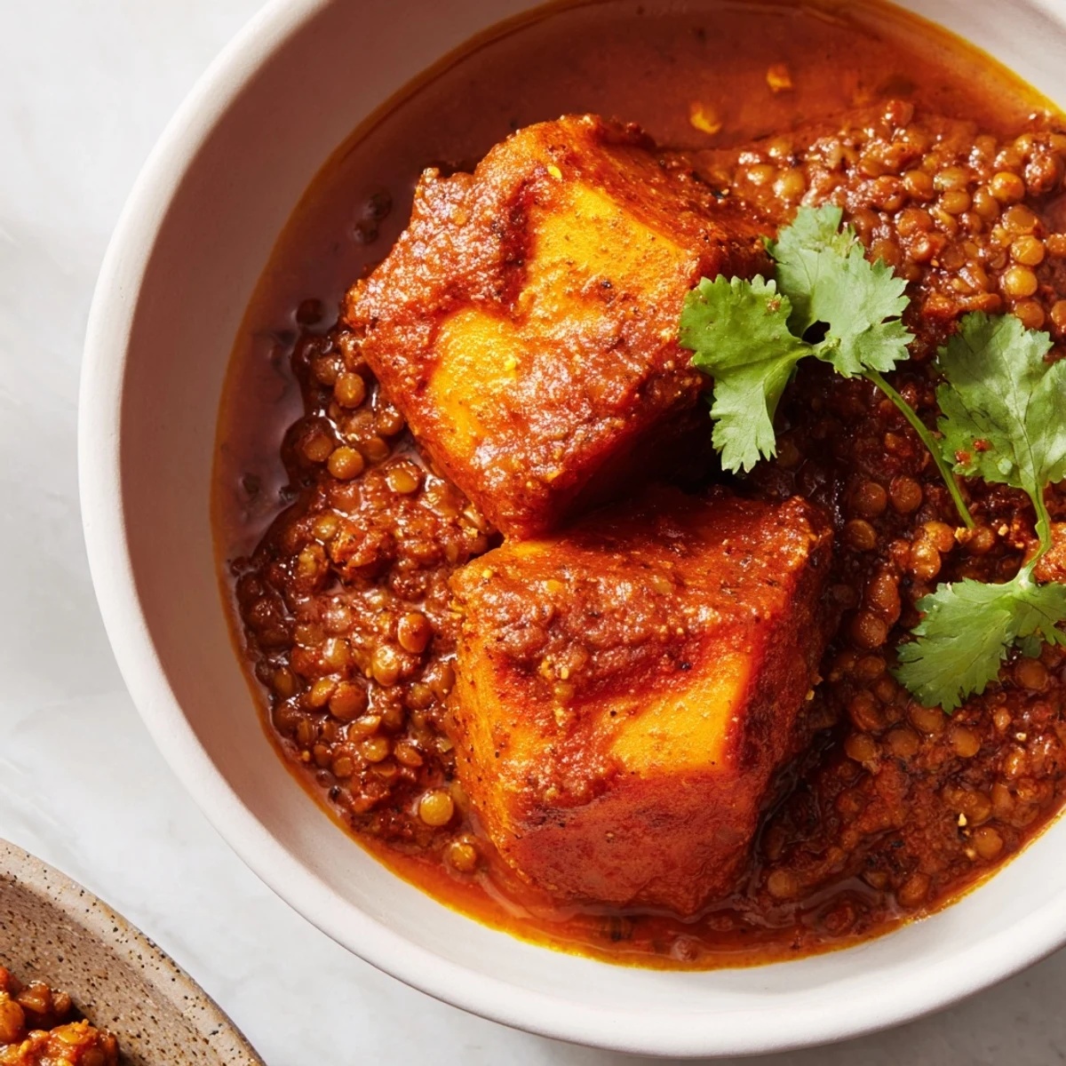 A hearty bowl of pumpkin and lentil Rogan Josh curry paired with steamed basmati rice.