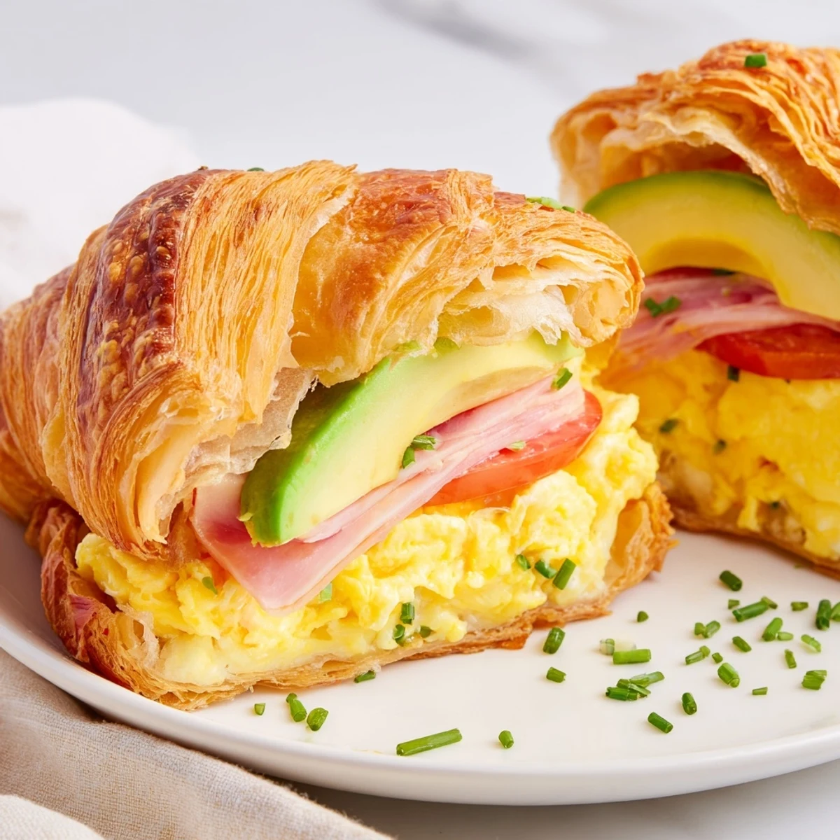 Warm, flaky croissant breakfast sandwich with melted cheese and ham beside a cup of coffee.