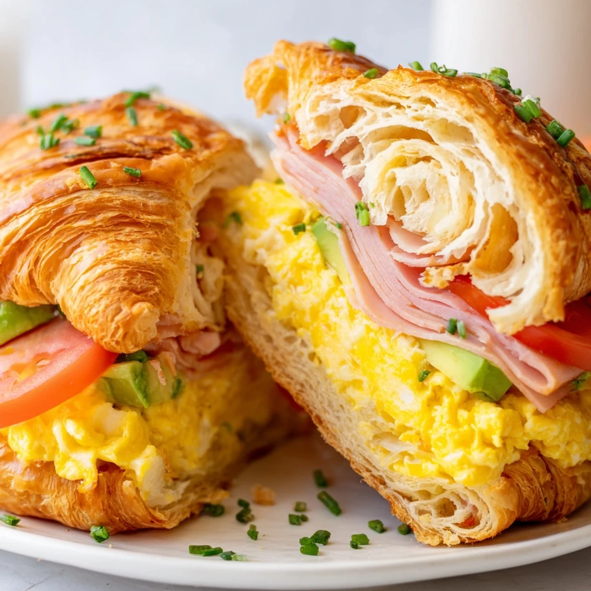 Golden croissant breakfast sandwich topped with chives and tomatoes, served on a rustic plate.