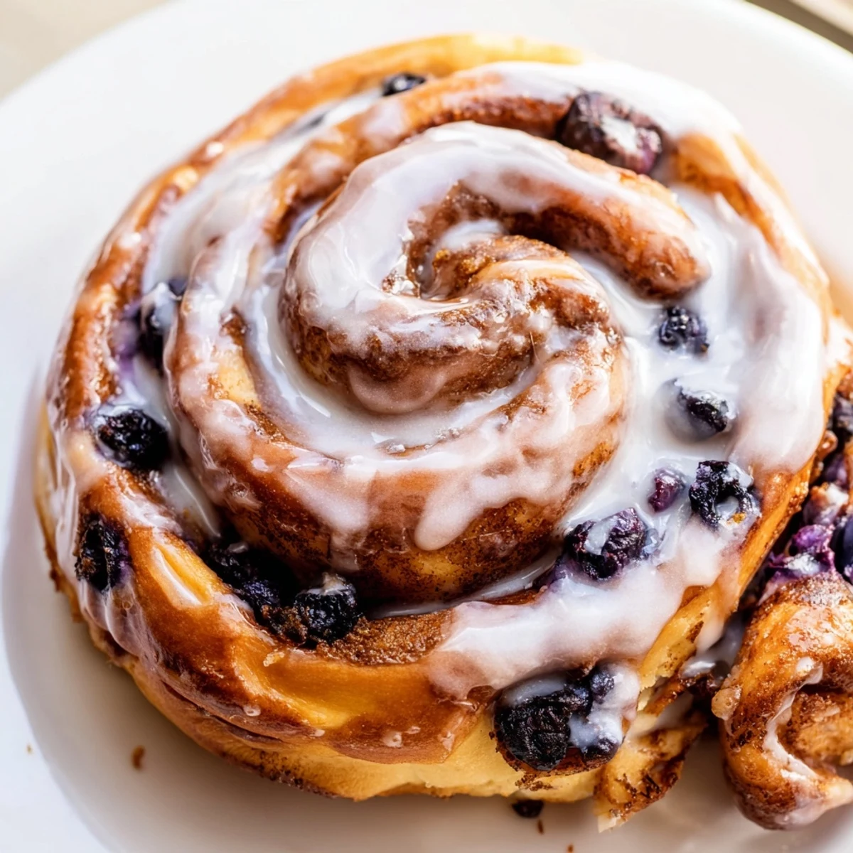 Freshly baked Blueberry Cinnamon Rolls with a gooey blueberry filling and sweet vanilla glaze on a rustic plate.