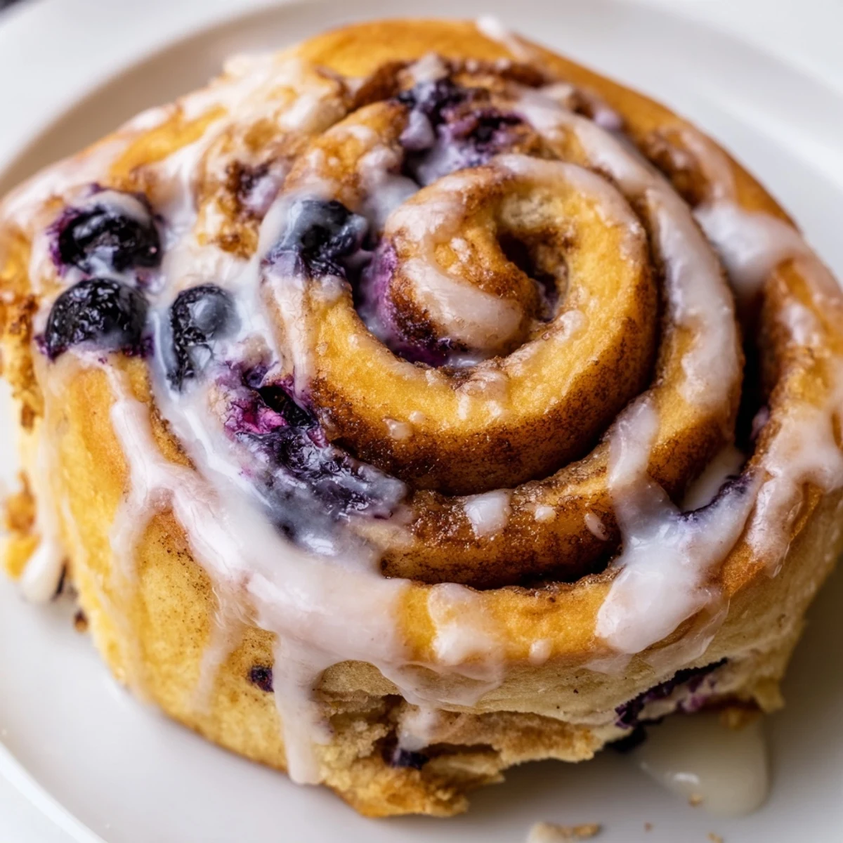Golden Blueberry Cinnamon Rolls plated on a marble countertop, showcasing fluffy dough swirled with blueberries and cinnamon sugar.