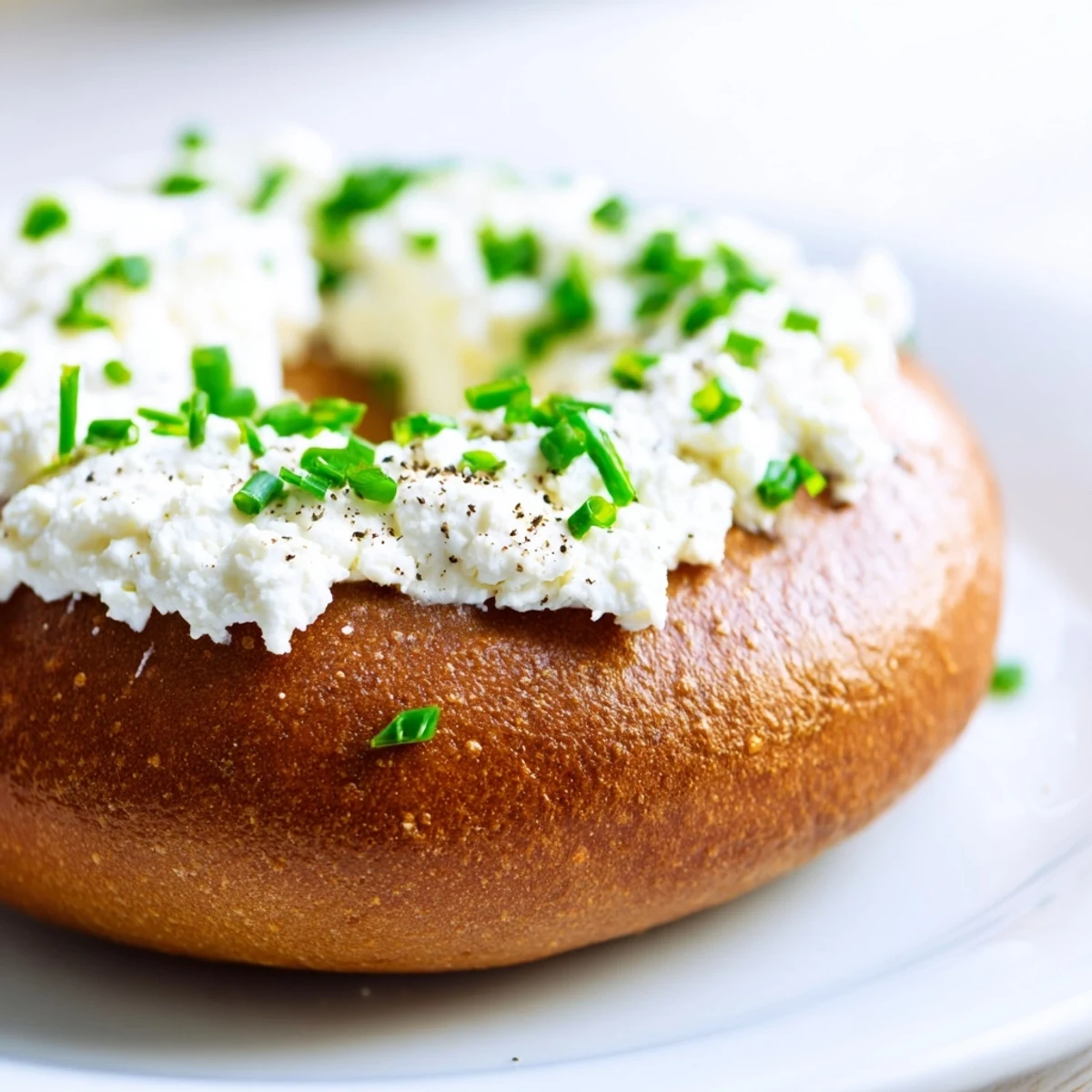 Freshly baked Protein Bagels with Cottage Cheese glistening on a wooden board, topped with creamy dollops and fresh chives.
