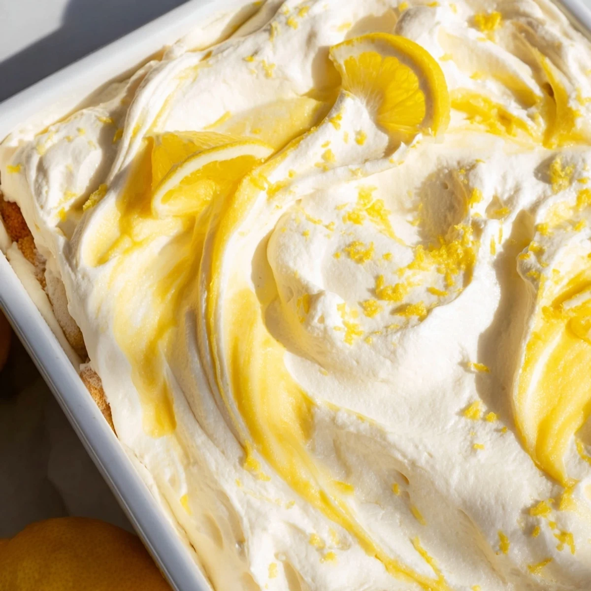 A close-up of Lemon Limoncello Italian Tiramisu showcasing creamy layers of mascarpone and bright lemon curd.  