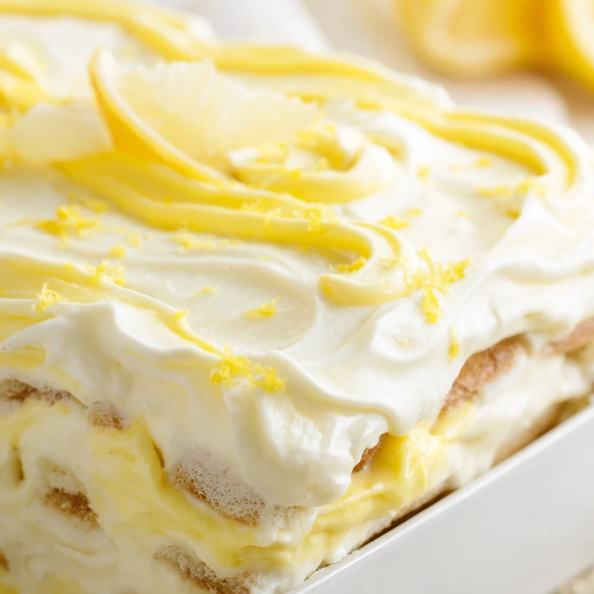Lemon Limoncello Italian Tiramisu garnished with fresh zest and sliced lemon, served chilled on a rustic table.  