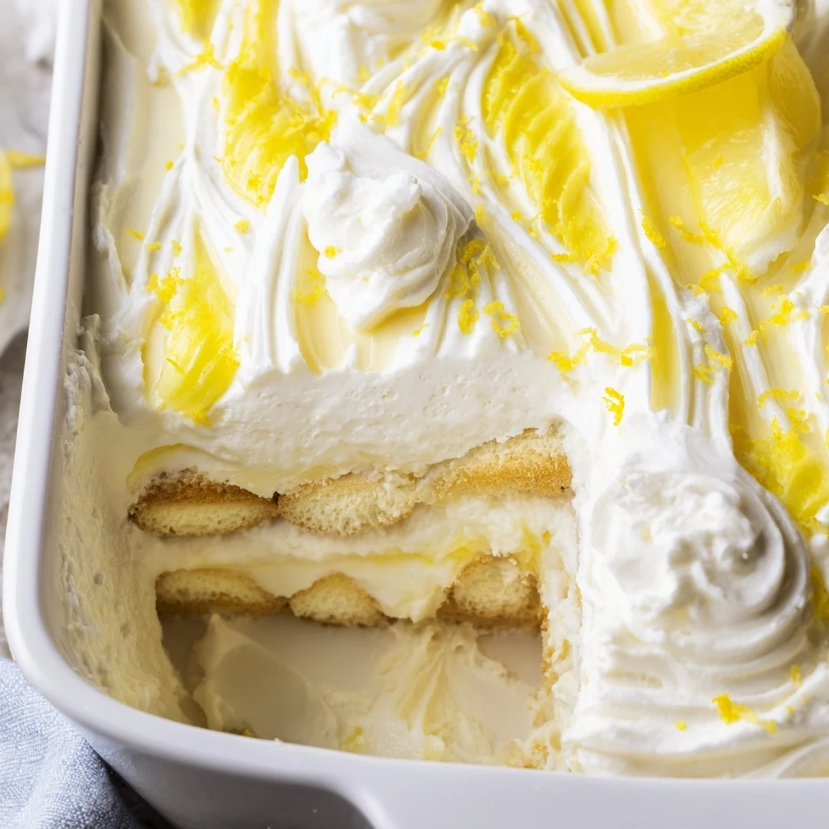 Lemon Limoncello Italian Tiramisu slices arranged on plates with a glass of limoncello beside them.