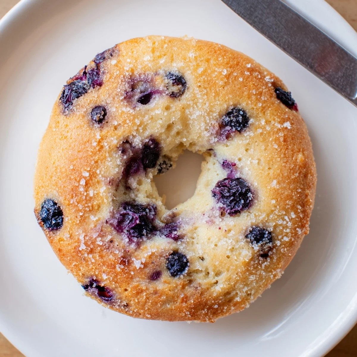 Warm gluten-free blueberry bagels with a chewy texture and sweet blueberries on a wooden board.
