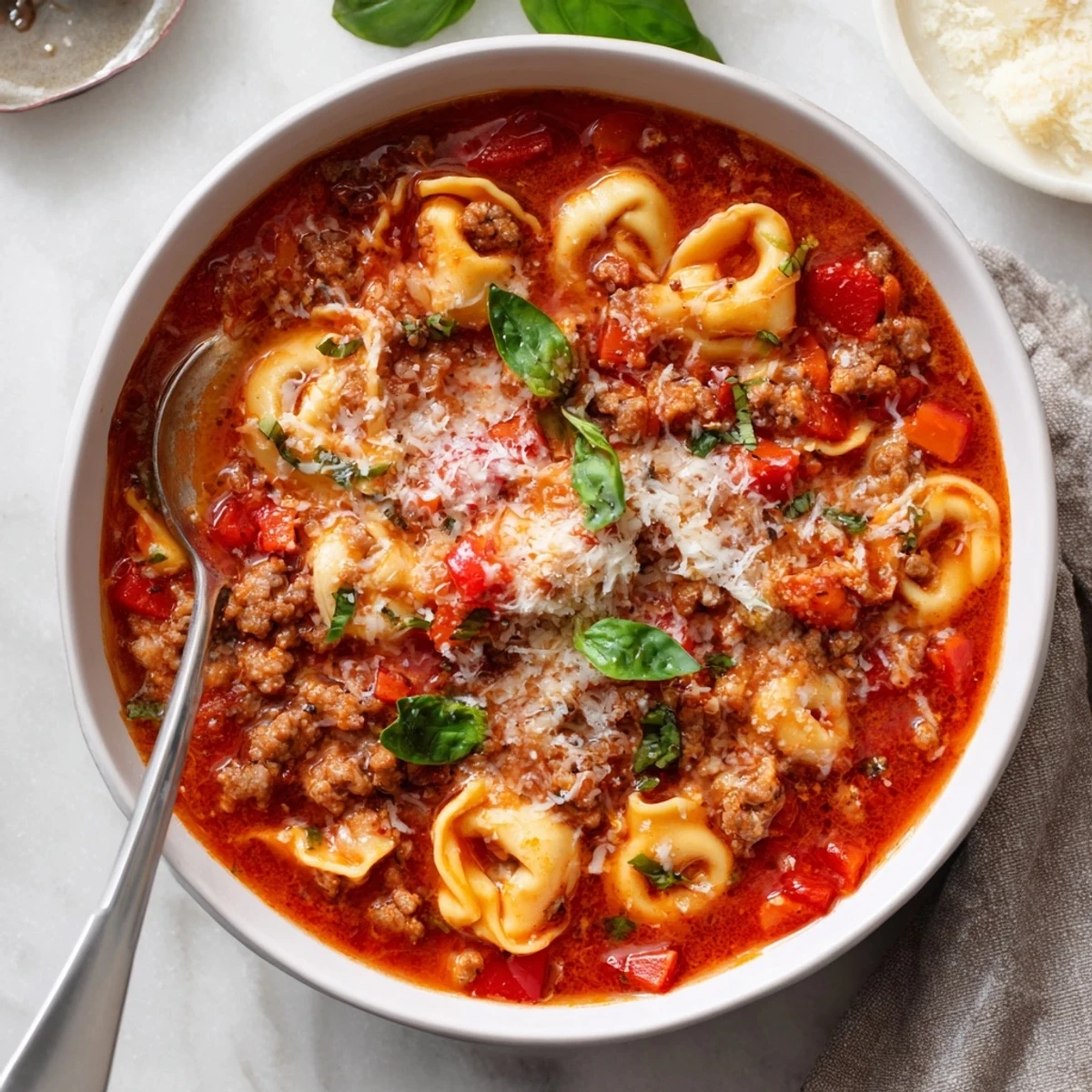 A hearty bowl of Lasagna Soup with Tortellini features cheesy pasta in a rich tomato broth, topped with melted mozzarella and fresh basil.