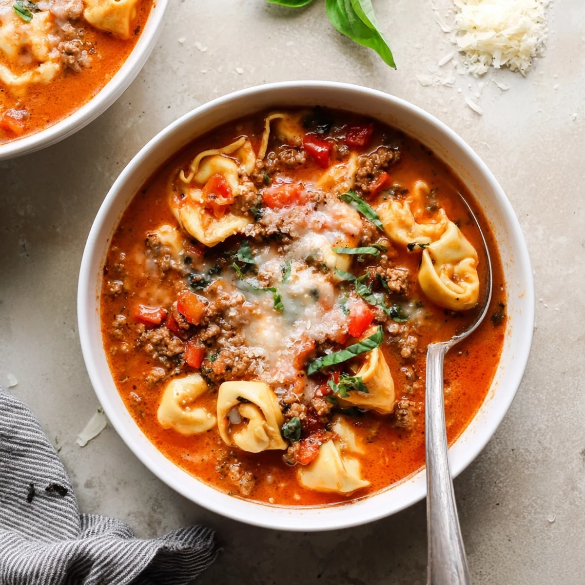 Close-up of Lasagna Soup with Tortellini showing browned Italian sausage, diced tomatoes, and tender tortellini in a steaming savory broth.