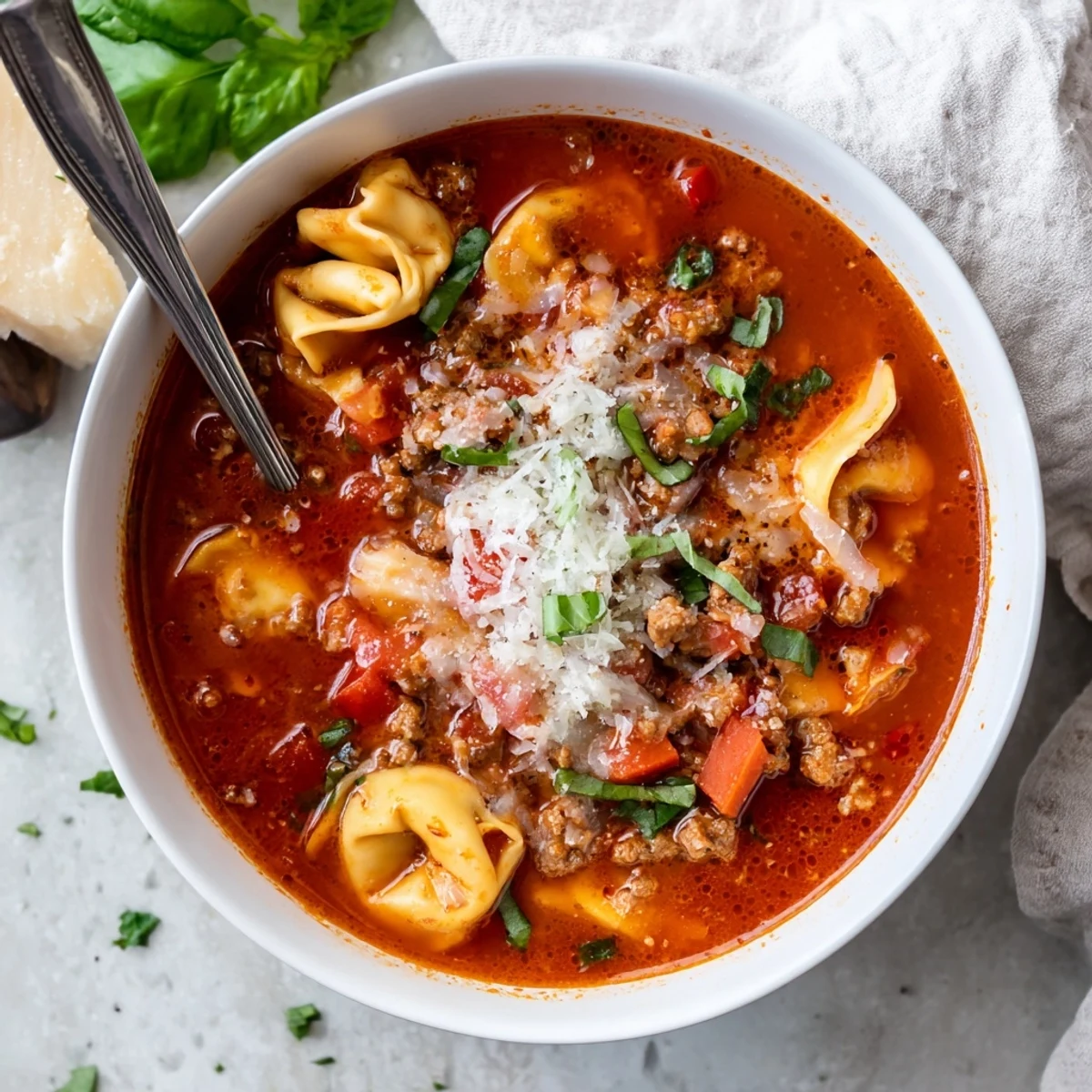 Serve this comforting Lasagna Soup with Tortellini in a rustic bowl with crusty bread, garnished with parsley and a sprinkle of Parmesan.