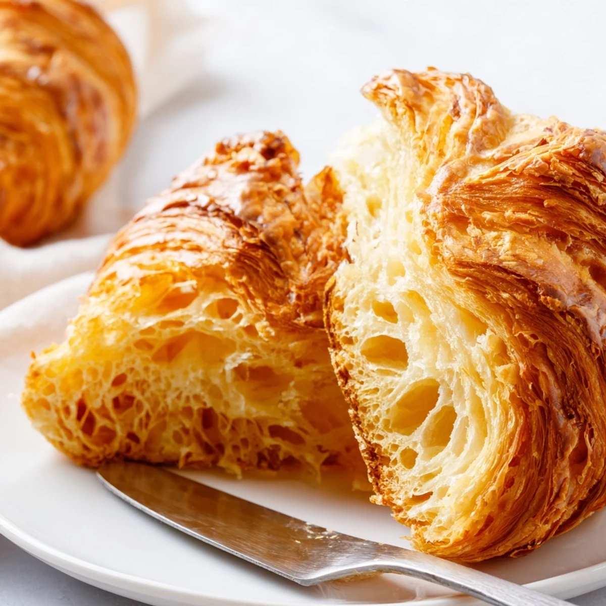 A close-up of gluten-free croissants revealing buttery, delicate layers, ideal for an indulgent brunch in the United States.