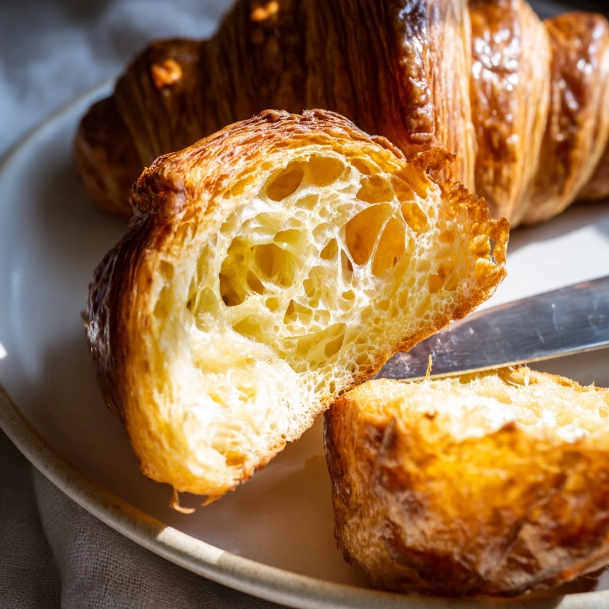 Warm gluten-free croissants with a crisp crust served on a rustic wooden board with jam and butter.