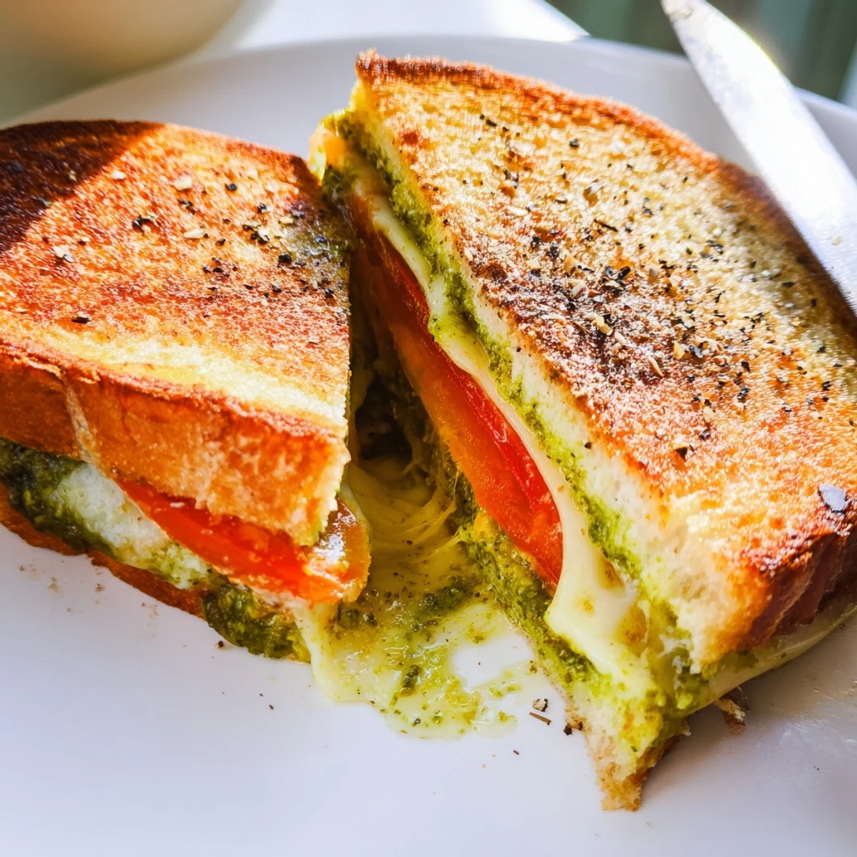 Crispy sourdough slices stuffed with melted mozzarella and basil pesto in this Best Pesto Grilled Cheese, served warm beside a red bowl of tomato soup.