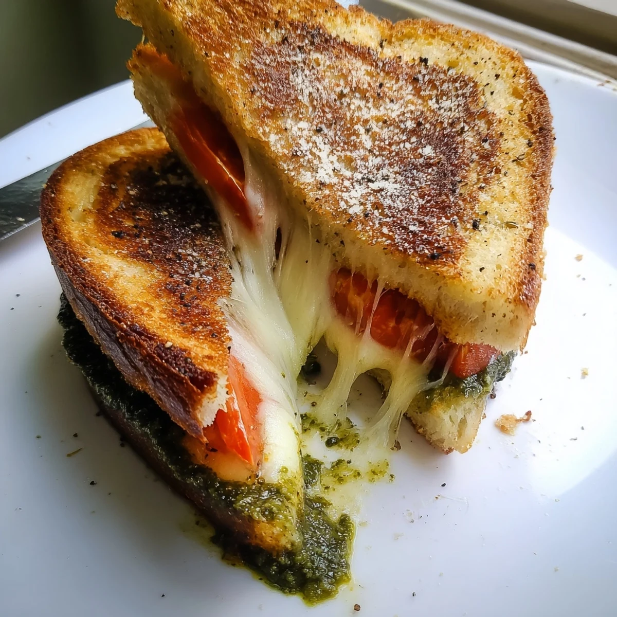 Sizzling Best Pesto Grilled Cheese on a skillet, showing crispy edges, vibrant green pesto, and a Parmesan crust for a quick vegetarian lunch or dinner.