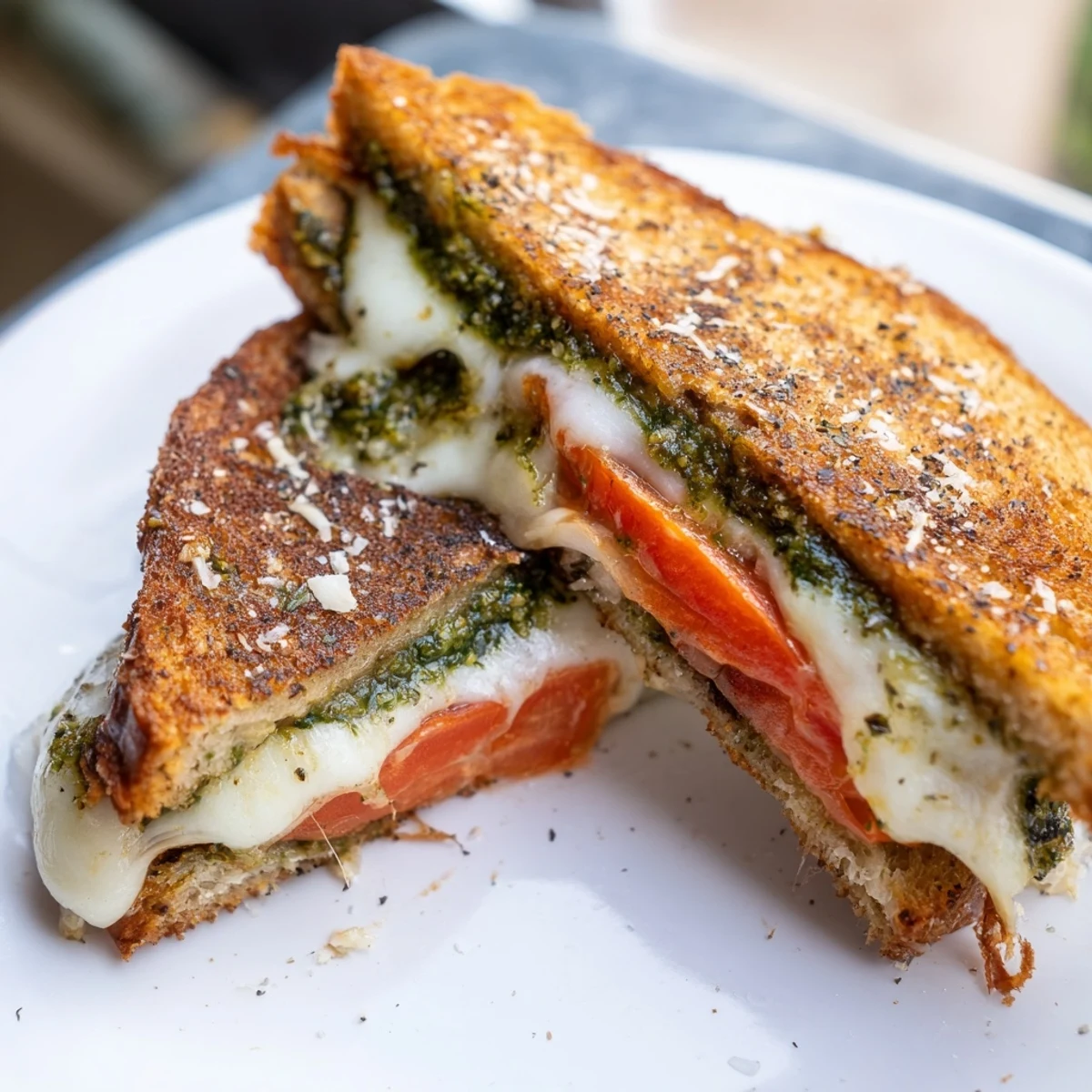 Golden, buttery Best Pesto Grilled Cheese stacked with fresh tomato slices and sharp provolone, with gooey cheese stretching between the toasted Italian-American bread layers.