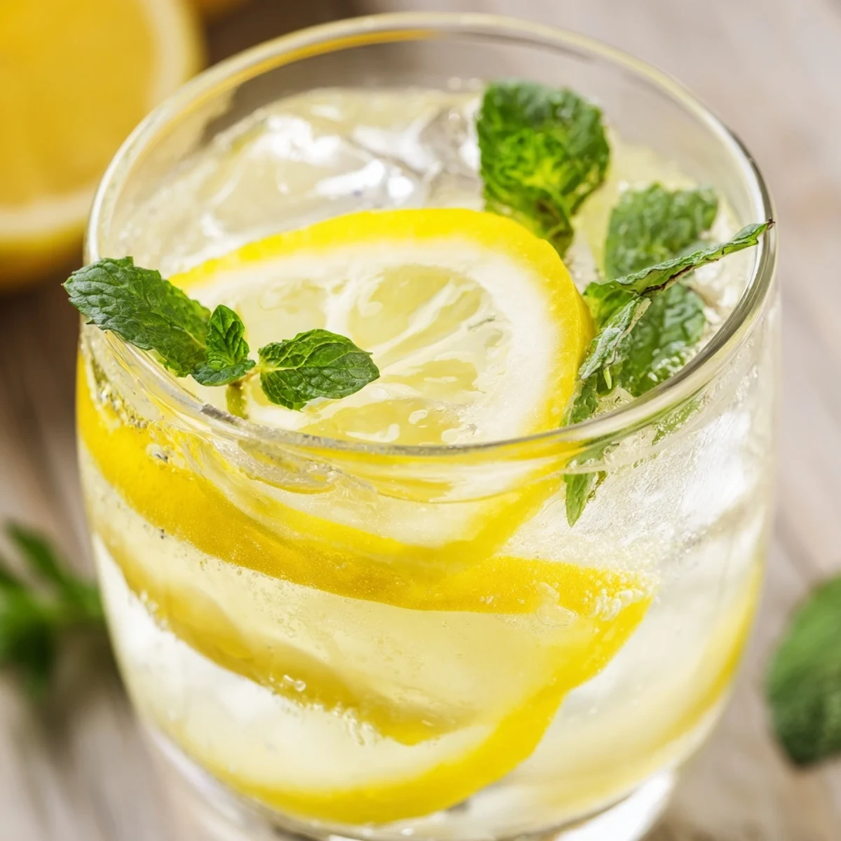 The Easy Limoncello Mocktail Refreshing Drink glistens in a tall glass filled with ice cubes, lemon slices, and fresh mint leaves, ready to sip.