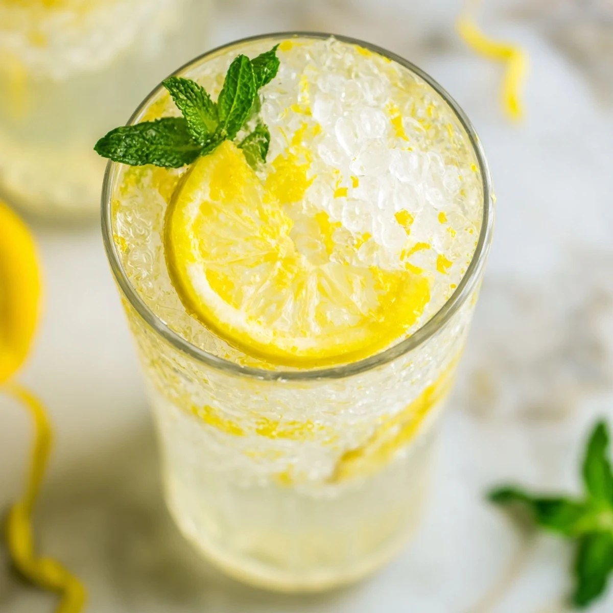 A close-up view shows the Easy Limoncello Mocktail Refreshing Drink being poured into a chilled glass, with sparkling water bubbling over ice.
