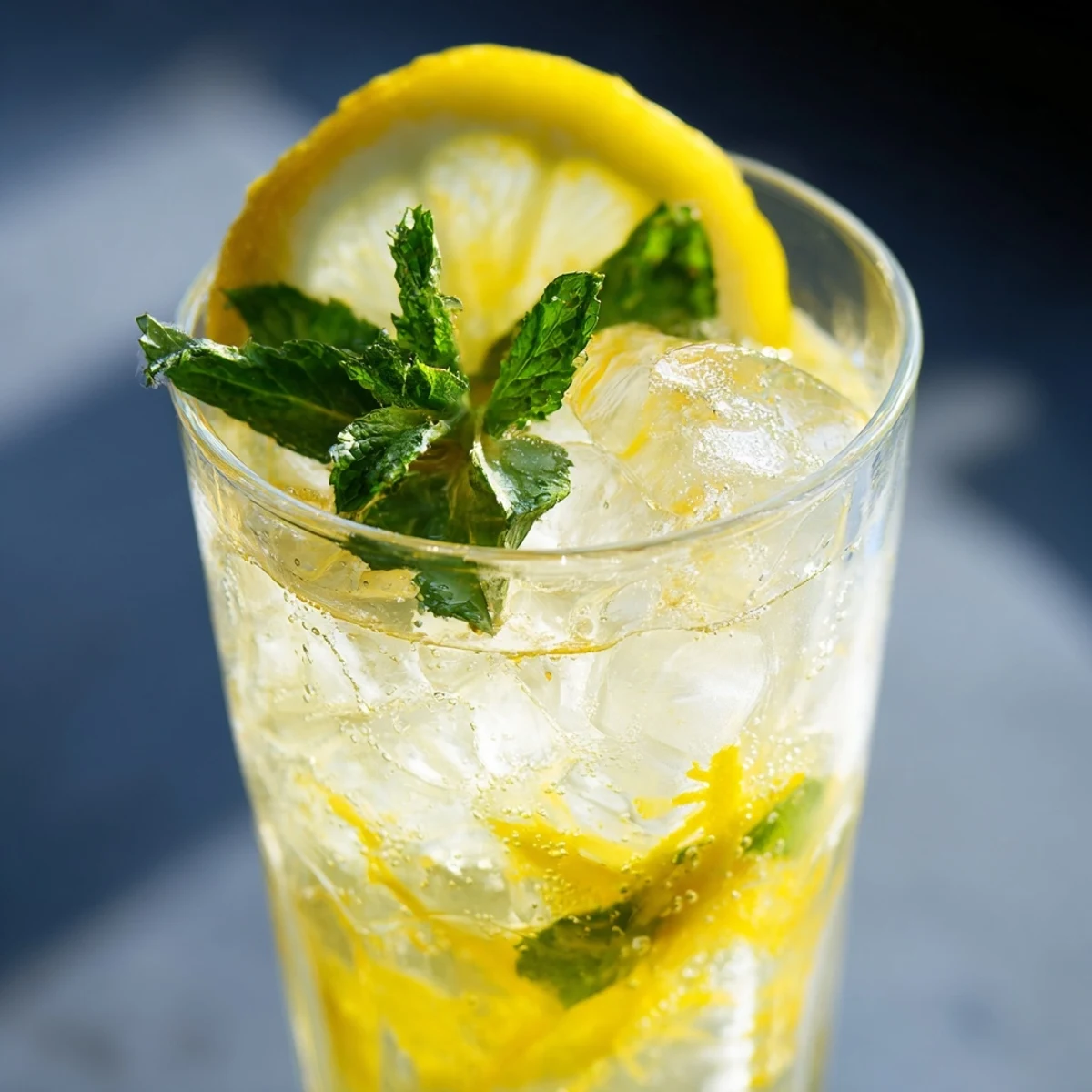 Overhead shot of the Easy Limoncello Mocktail Refreshing Drink garnished with lemon wheels and mint sprigs, set against a sunny summer table setting.
