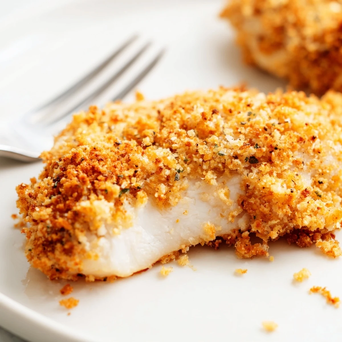 Golden-brown Baked Garlic Parmesan Chicken breasts resting on a white ceramic plate, garnished with fresh parsley.
