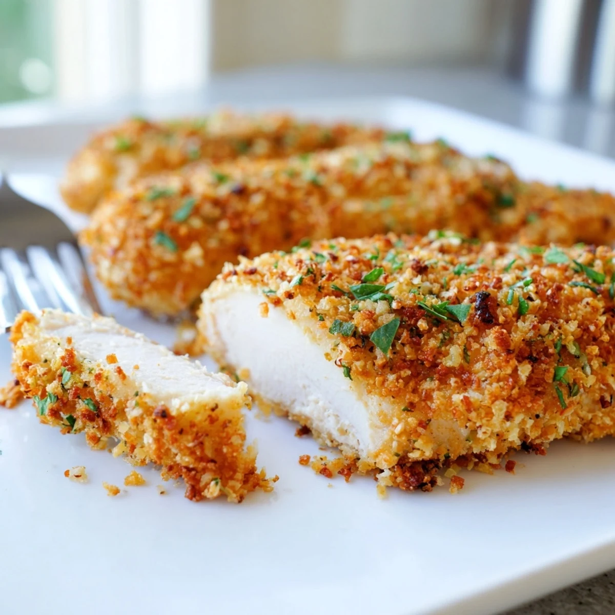 Plated Baked Garlic Parmesan Chicken with roasted vegetables and a lemon wedge, ready for a weeknight family dinner.