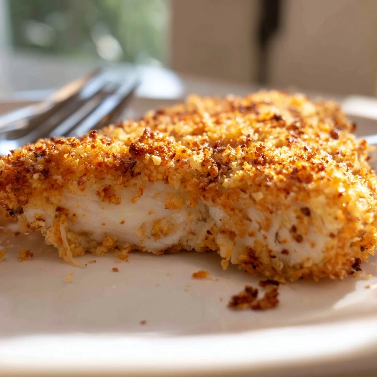 Sizzling Baked Garlic Parmesan Chicken fresh from the oven, showcasing a crispy, golden-brown Parmesan and panko crust.