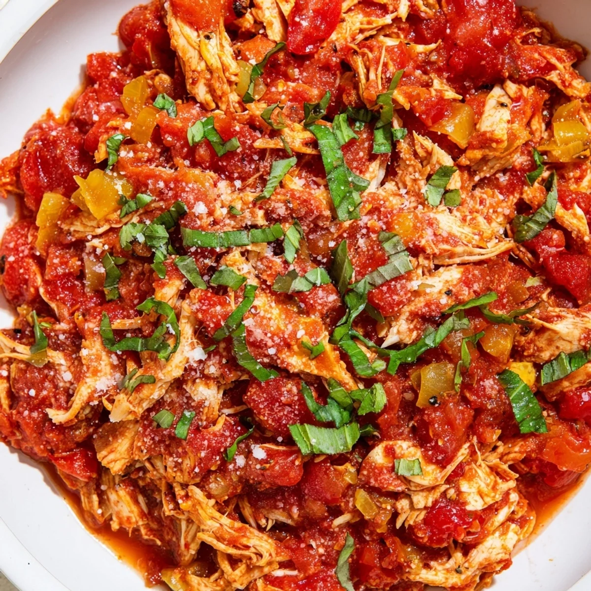 Tender Slow Cooker Tomato Basil Chicken breasts in a rich tomato sauce, garnished with fresh basil leaves and ready to serve over pasta.