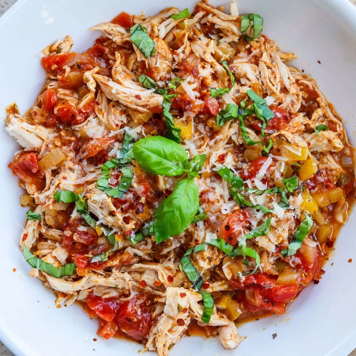 Slow Cooker Tomato Basil Chicken served with crusty bread for dipping, highlighting juicy chicken and vibrant basil in a hearty meal.