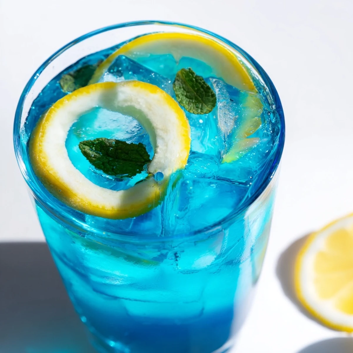 A tall glass of chilled Blue Spirulina Lemonade filled with ice, lemon slices, and fresh mint leaves.