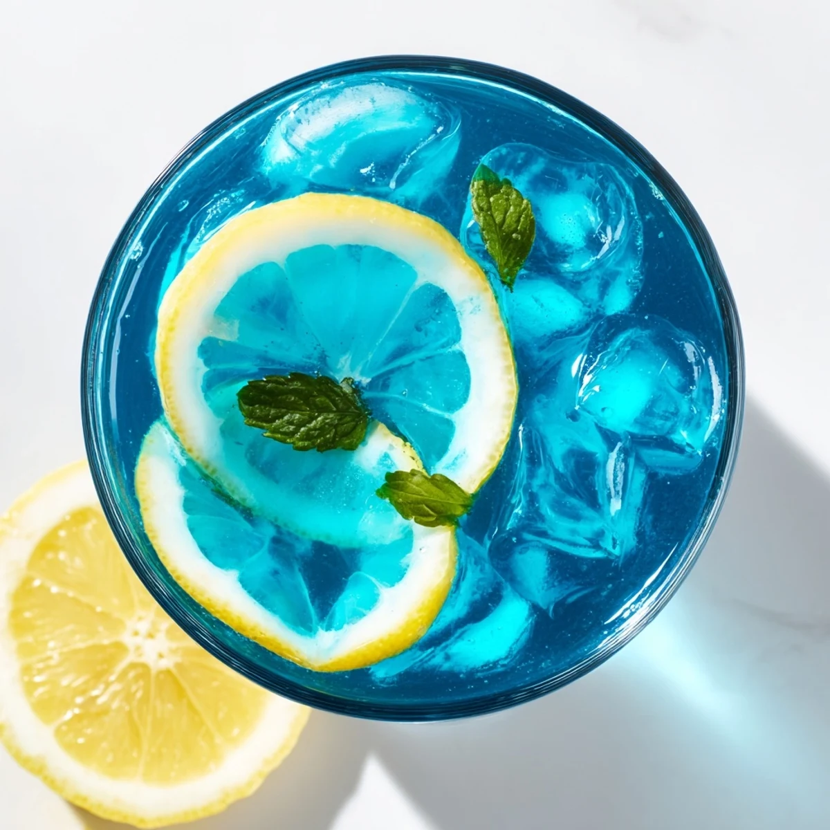Bright blue pitcher of homemade Blue Spirulina Lemonade with vibrant lemon wedges and refreshing mint garnish.
