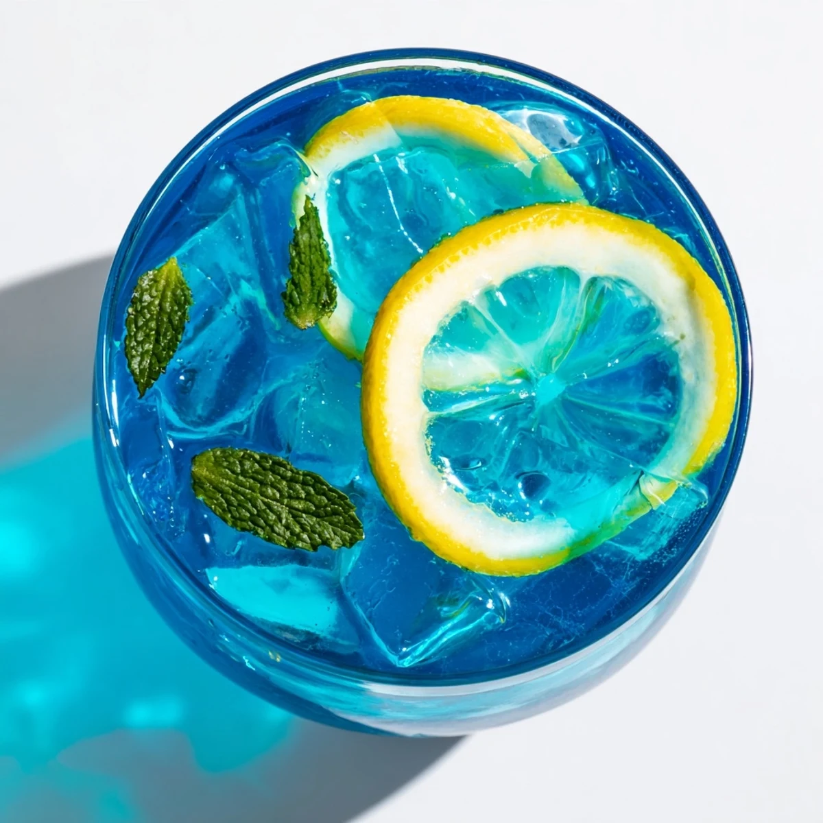 Cold glass of Blue Spirulina Lemonade showing vivid natural color, served with ice and a lemon wheel.