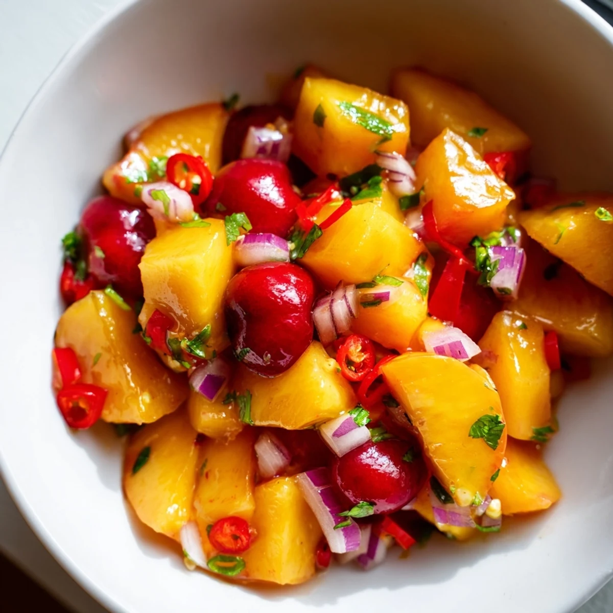 A vibrant bowl of Healthy Peach Cherry Salsa with diced peaches, cherries, and red onion on a wooden table.