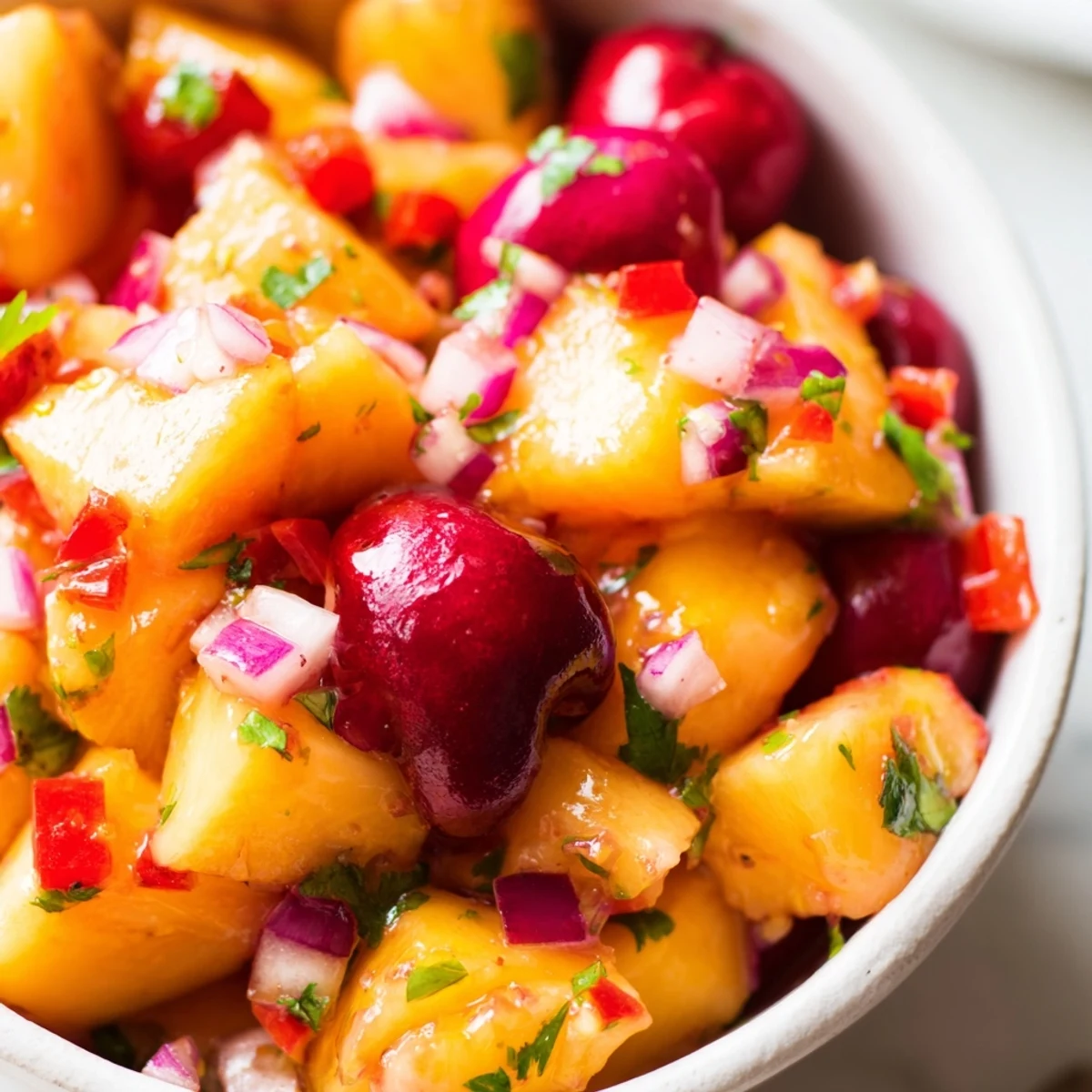 The Healthy Peach Cherry Salsa features fresh herbs and lime juice, served chilled in a rustic ceramic bowl.
