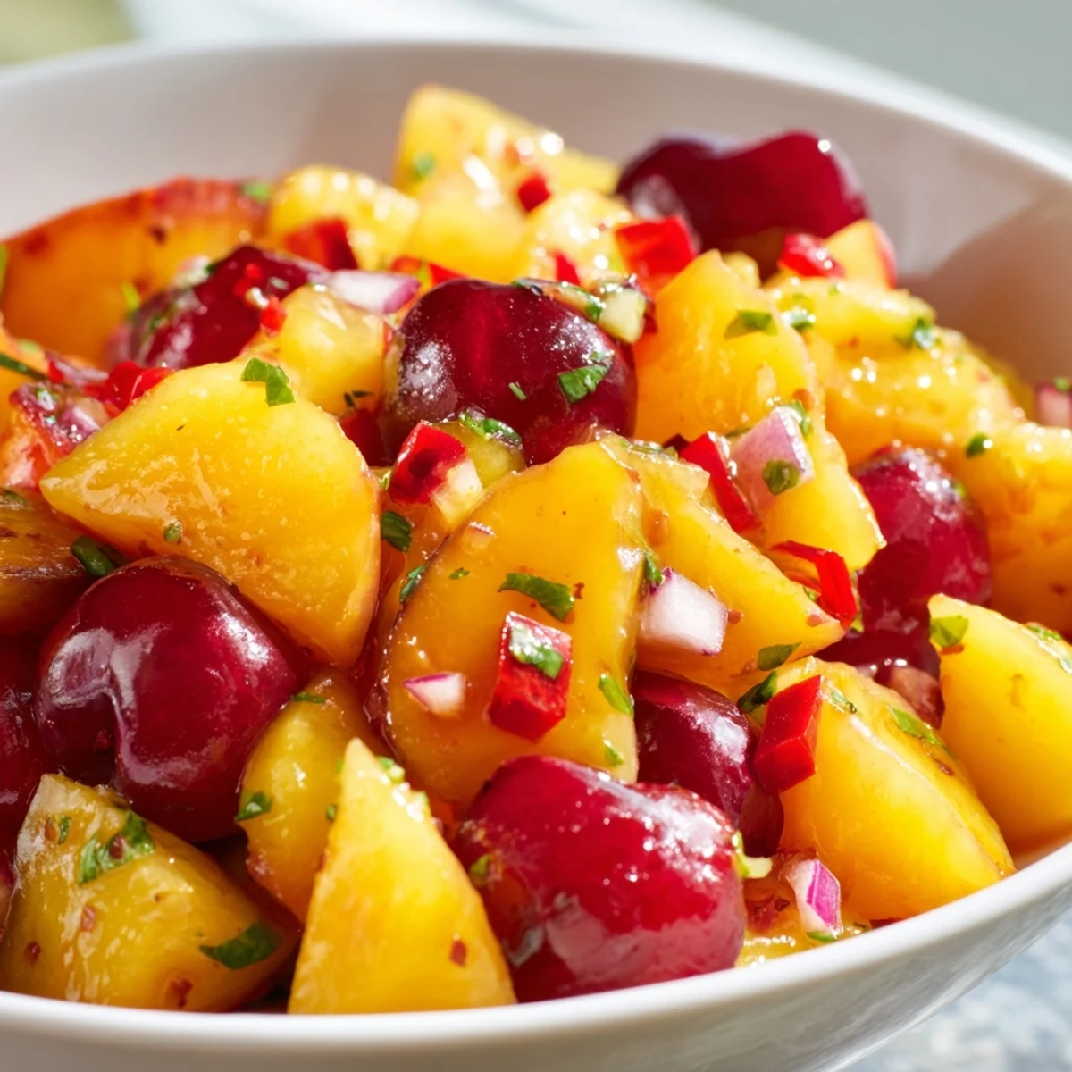 Enjoy this Healthy Peach Cherry Salsa as a dip with tortilla chips or a topping for grilled chicken.