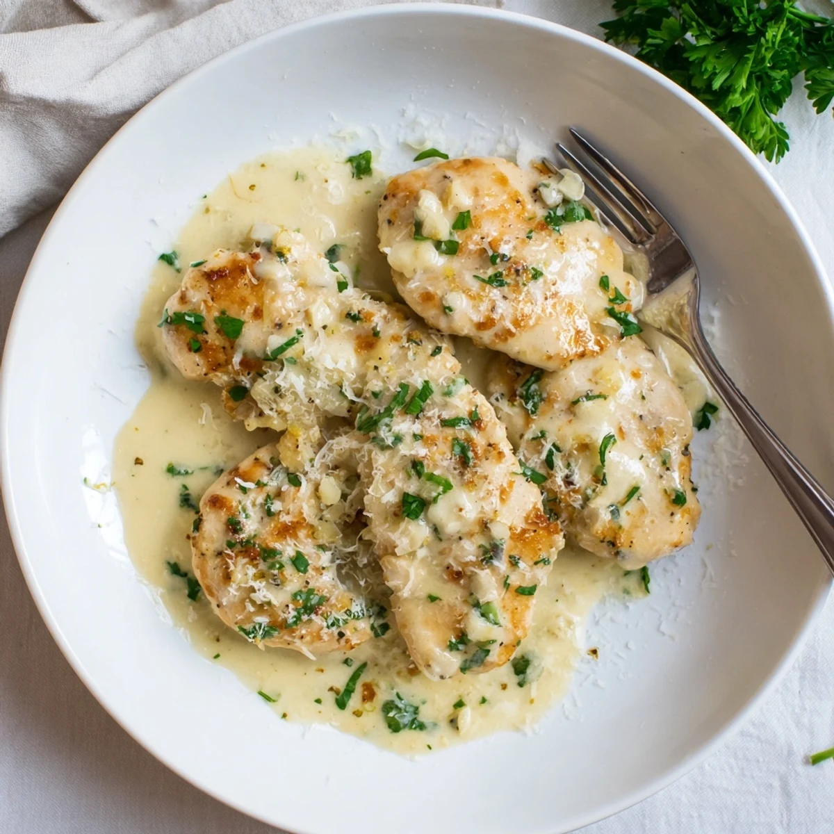 Golden seared chicken breasts coated in a velvety Parmesan lemon cream sauce garnished with fresh parsley on a rustic plate.