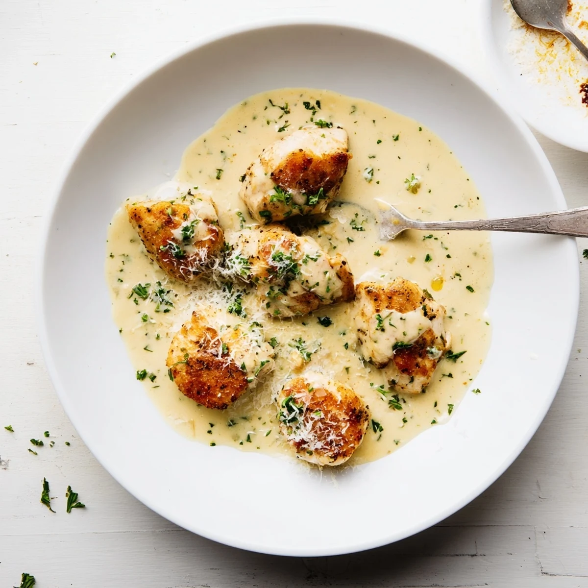 Sizzling skillet presentation of Creamy Parmesan Lemon Chicken with melted cheese and herbs ready to serve over steamed vegetables.