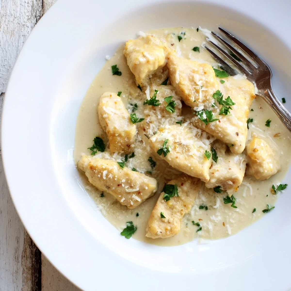 A close-up of creamy Parmesan lemon chicken revealing tender meat bathed in rich sauce with a lemon wedge nearby.