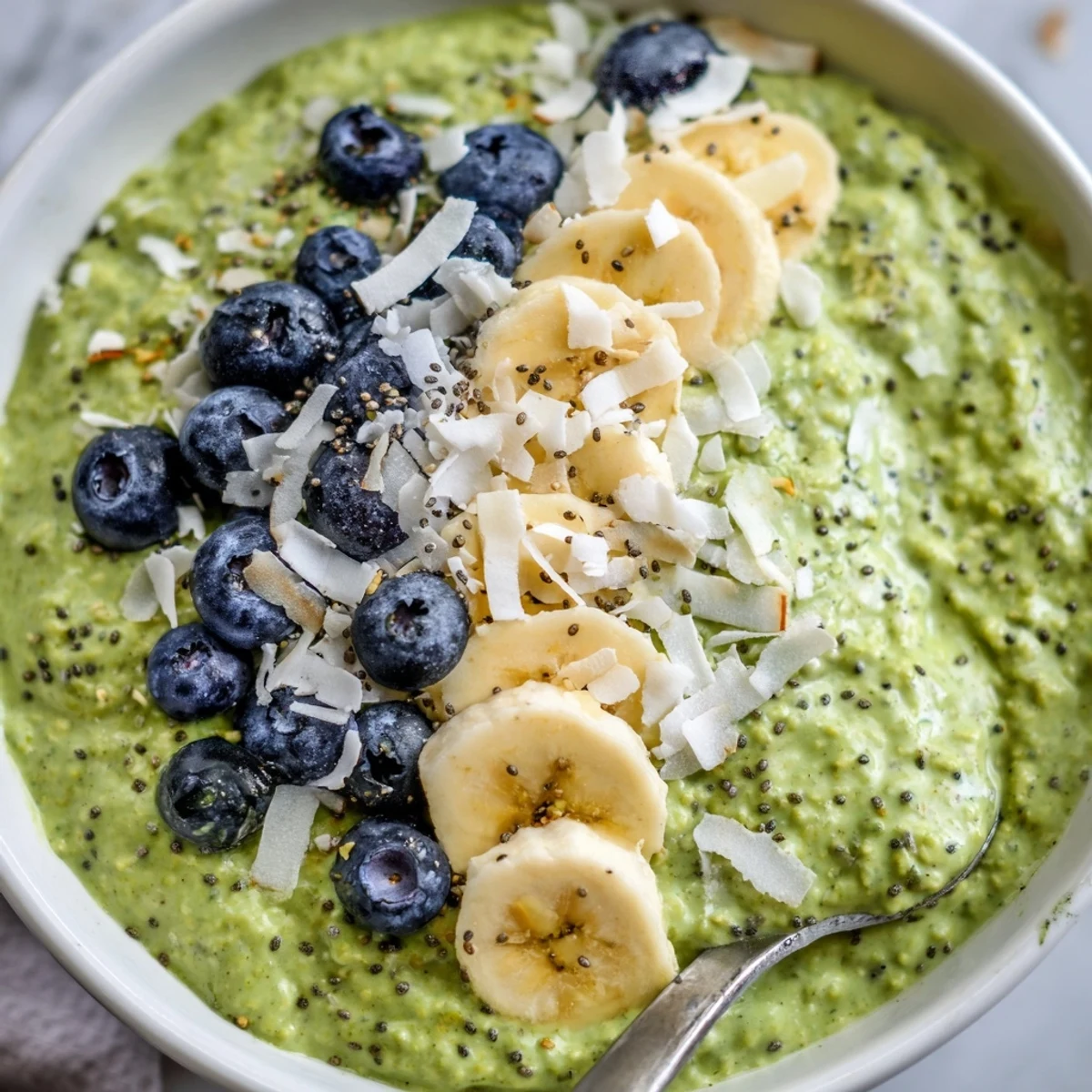 Matcha protein overnight oats in a clear glass bowl topped with sliced banana and toasted coconut.
