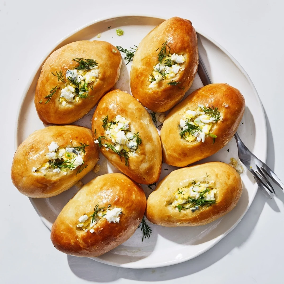 A close-up of golden, baked Cheesy Egg and Cheese Piroshki resting on a rustic wooden board, garnished with fresh dill.