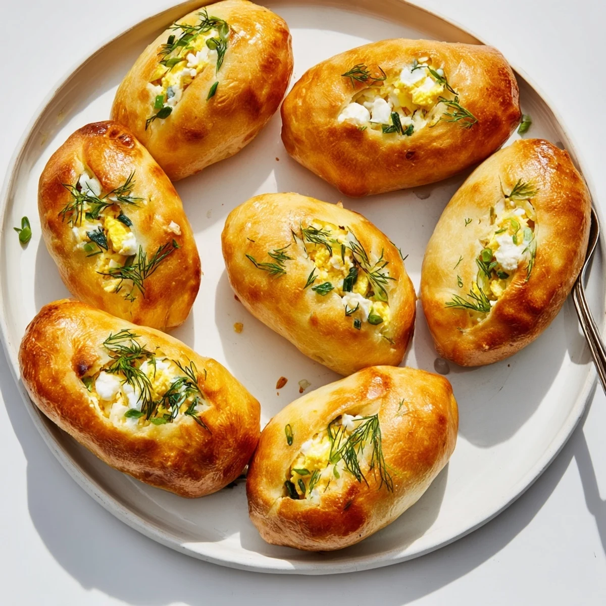 Freshly baked Cheesy Egg and Cheese Piroshki on a white plate with a side of sour cream for dipping.