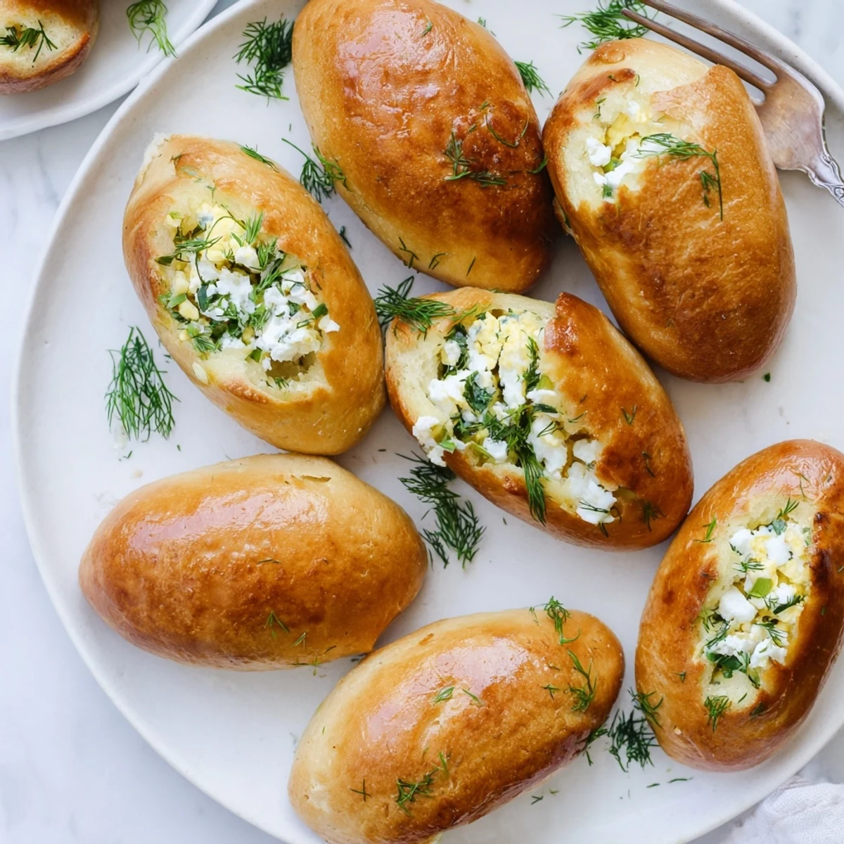 Golden, flaky Cheesy Egg and Cheese Piroshki arranged on a wooden cutting board, ready to be served.