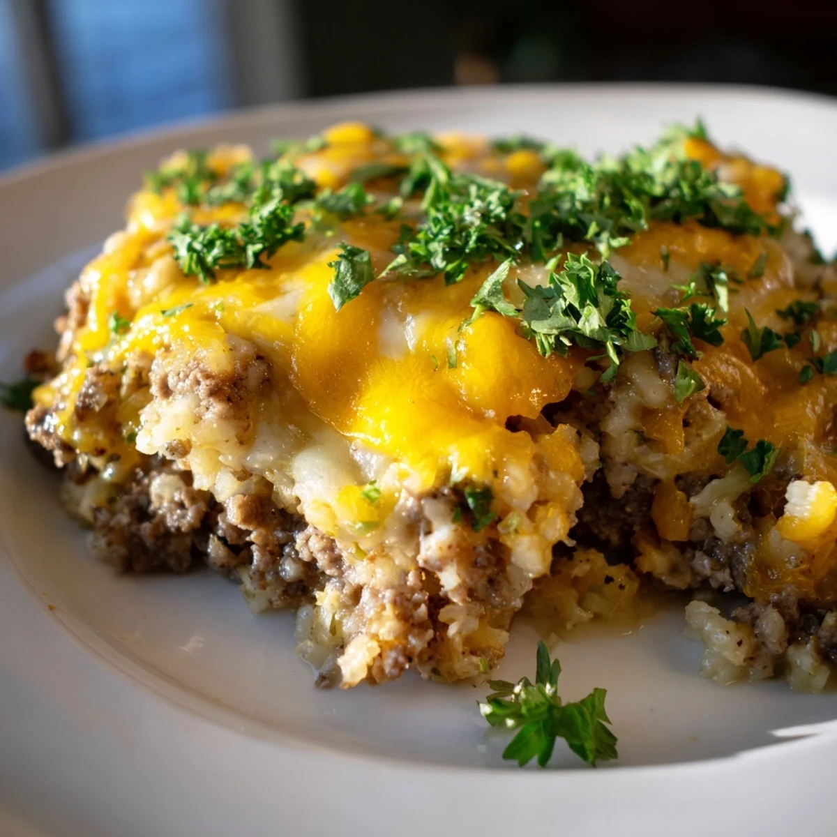 Close-up of golden bubbly Ground Beef Casserole with Cauliflower Rice fresh from the oven, garnished with parsley on a rustic table. 