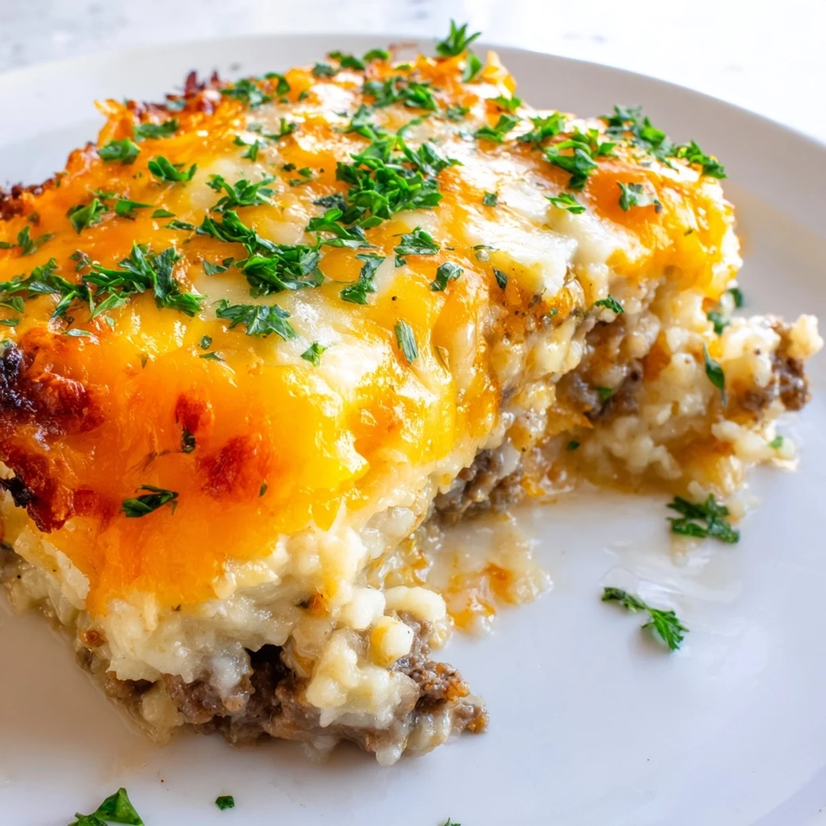 Savory Ground Beef Casserole with Cauliflower Rice baked in a dish with melted cheese and red bell peppers. 