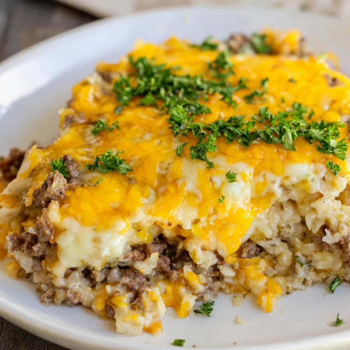 Healthy Ground Beef Casserole with Cauliflower Rice served with a side salad on a wooden board.