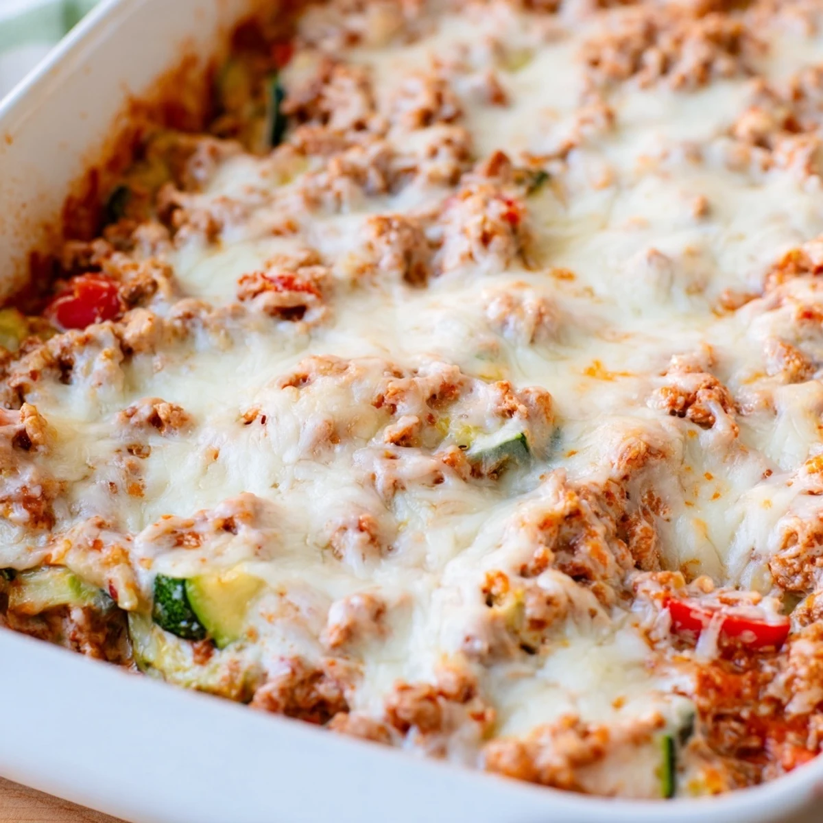 Golden-brown Easy Ground Turkey Zucchini Casserole fresh from the oven with melted cheese.
