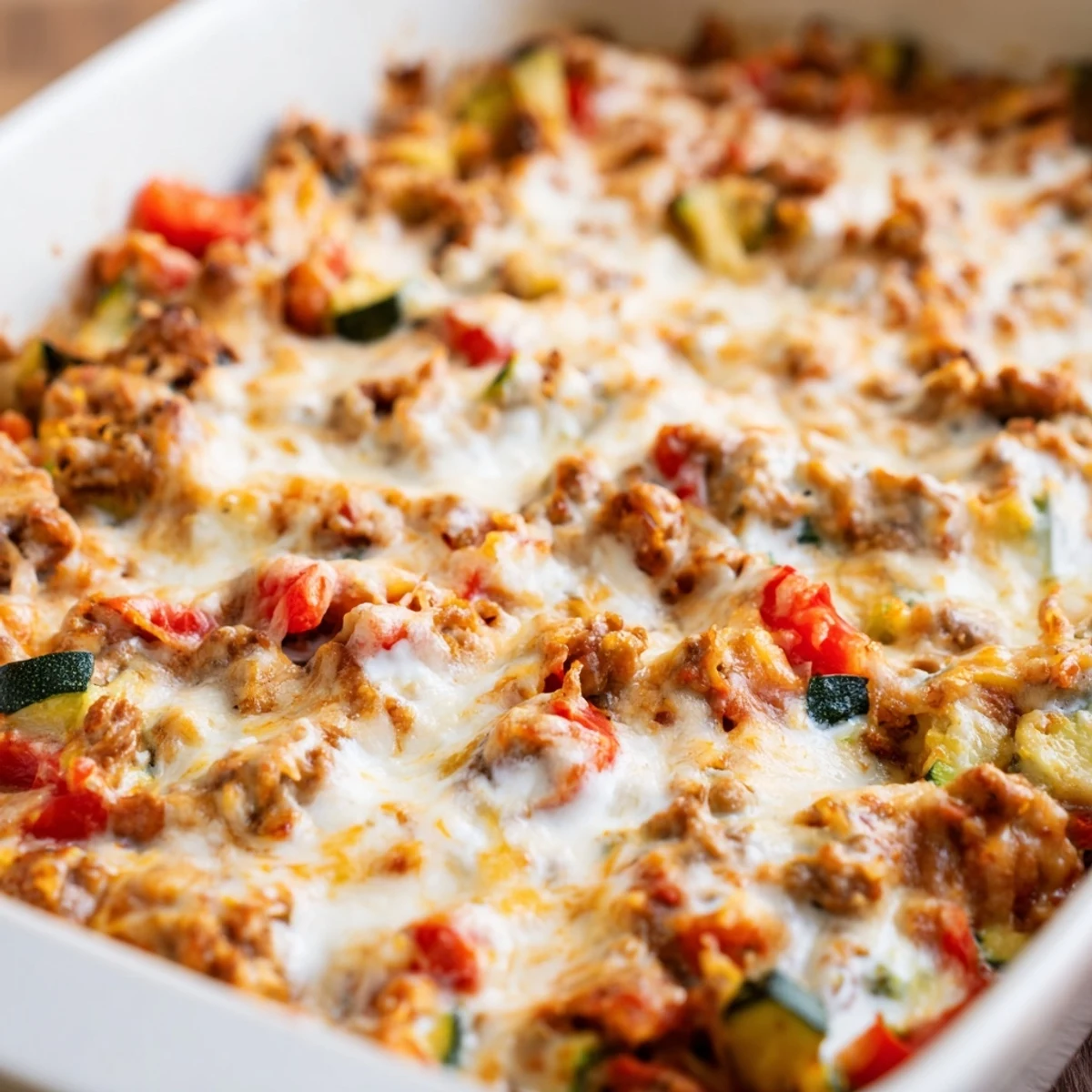Close-up view of a baking dish filled with Easy Ground Turkey Zucchini Casserole topped with bubbling cheese.