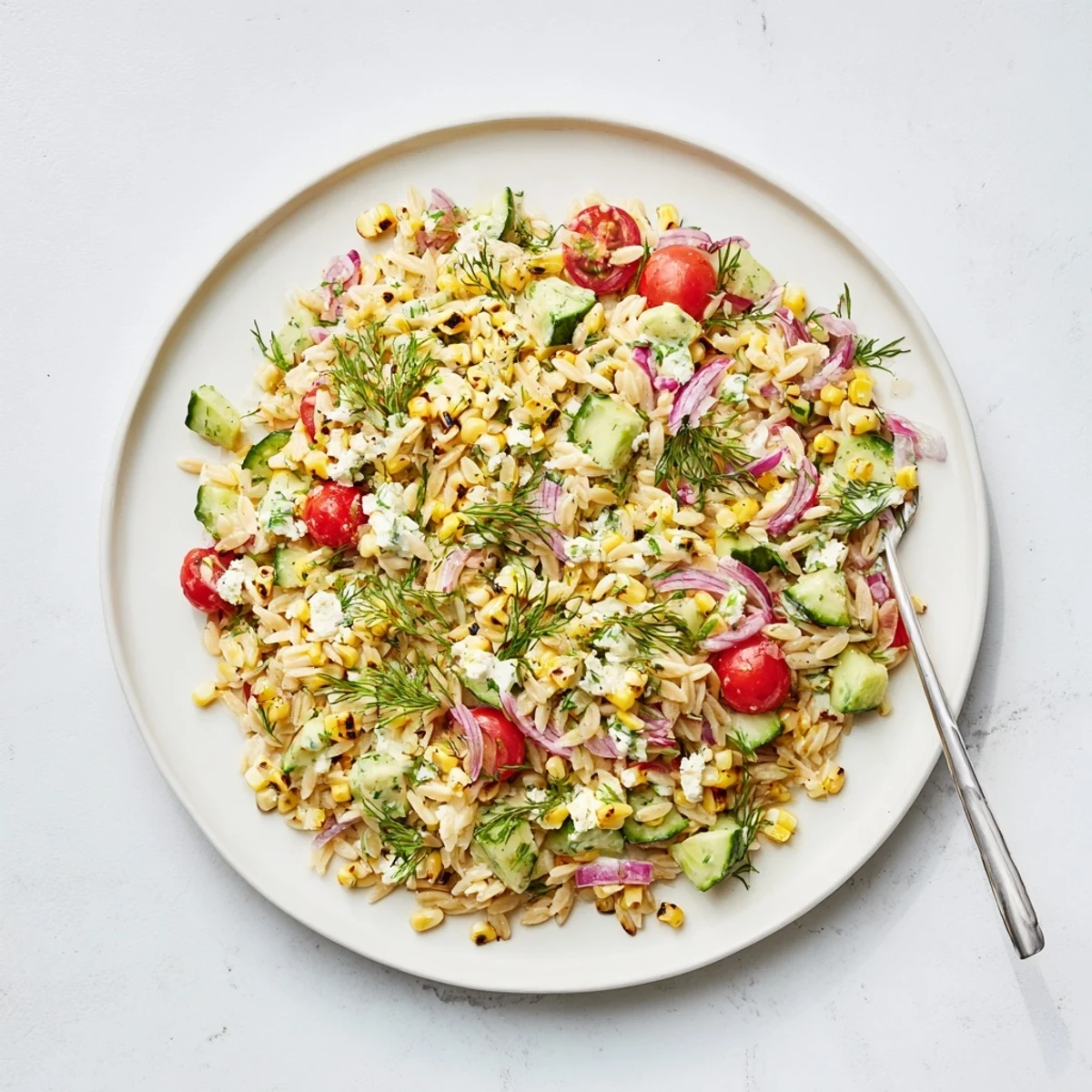 Charred grilled corn kernels mix with tender orzo and fresh veggies in a bowl for a Grilled Corn Orzo Salad with Scallion Dill Dressing.