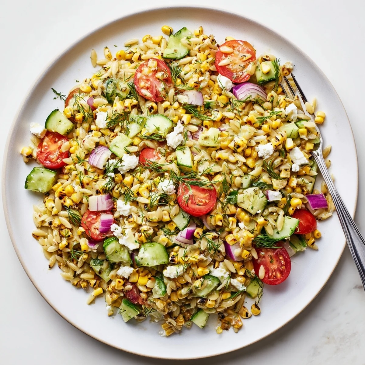 Bright diced tomatoes and cucumber sit atop the pasta salad, ready to be tossed with the vibrant green scallion dill dressing.